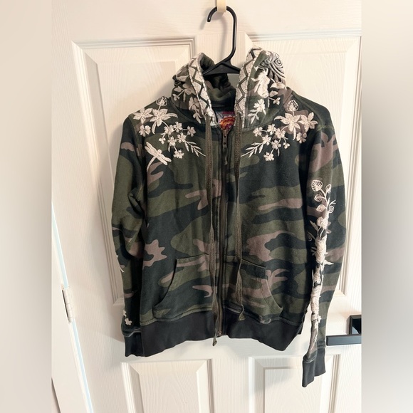 Johnny WasEmbroidered Floral Camo Zip Up hoodie